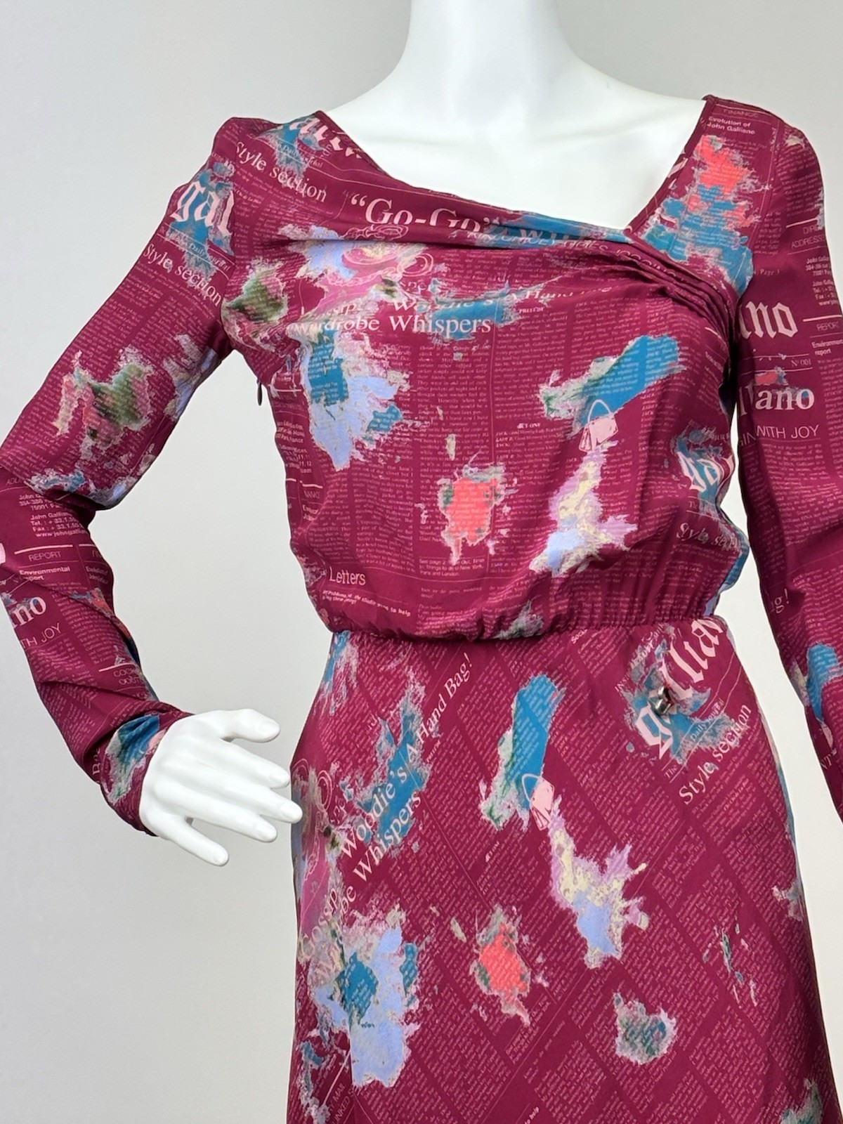 Vintage Rare Galliano Pink and Blue Newsprint Long sleeve Dress Sheer 100% Silk