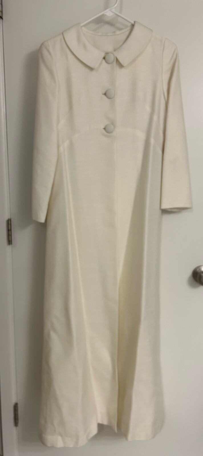 VINTAGE 60’s Union Made Three Button Empire Waist Ivory MAXI COAT Sz 11 Jackie O
