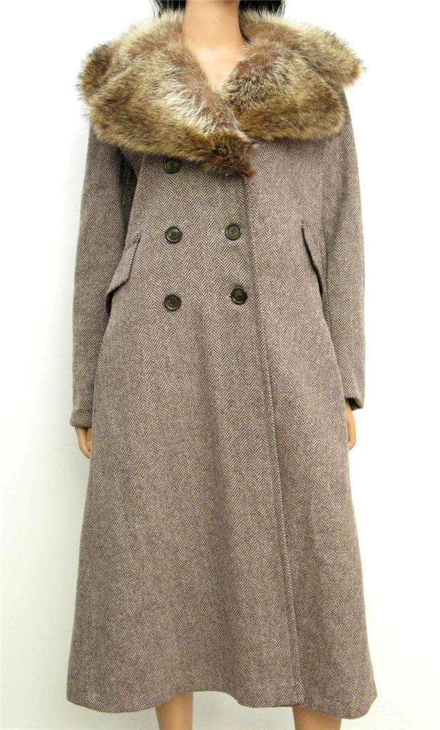 Vintage 70s Princess Trench Coat Sz M Wool Herringbone Tweed Raccoon Fur Collar