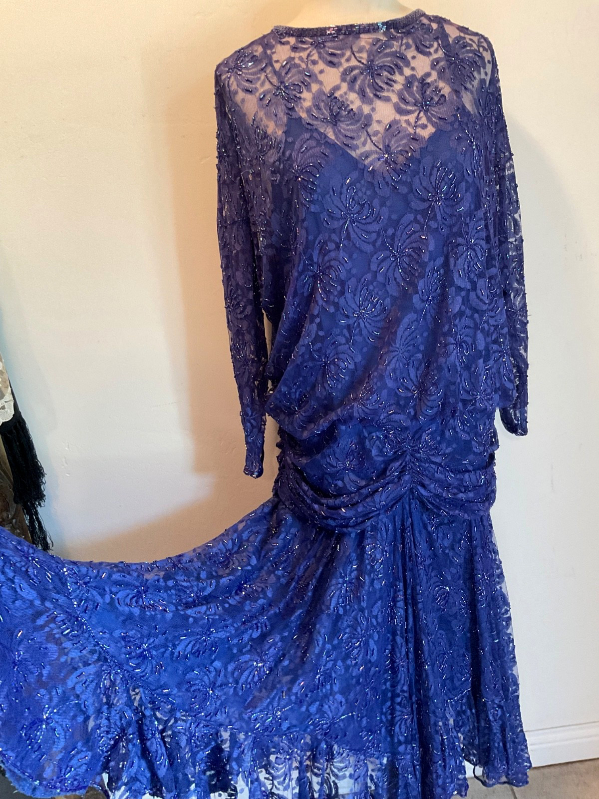 VTG 80s Art Deco Beaded Drop Waist Lace Gown Dark Blue Judith Ann Sz. Medium