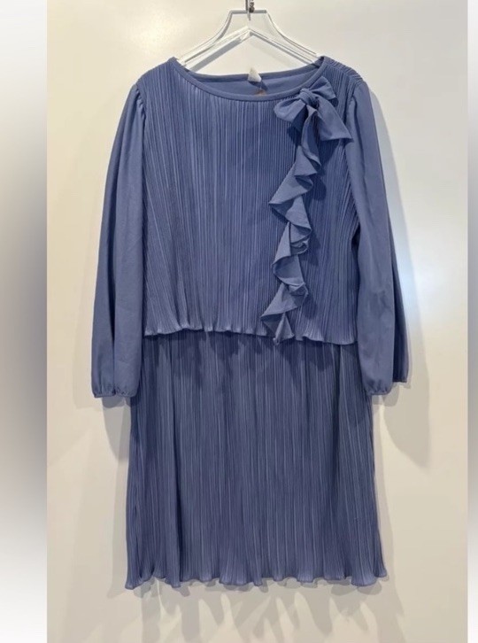 VTG 70s Blue Accordion Pleated Dress Bow Neck Tie Womens Size 20.5