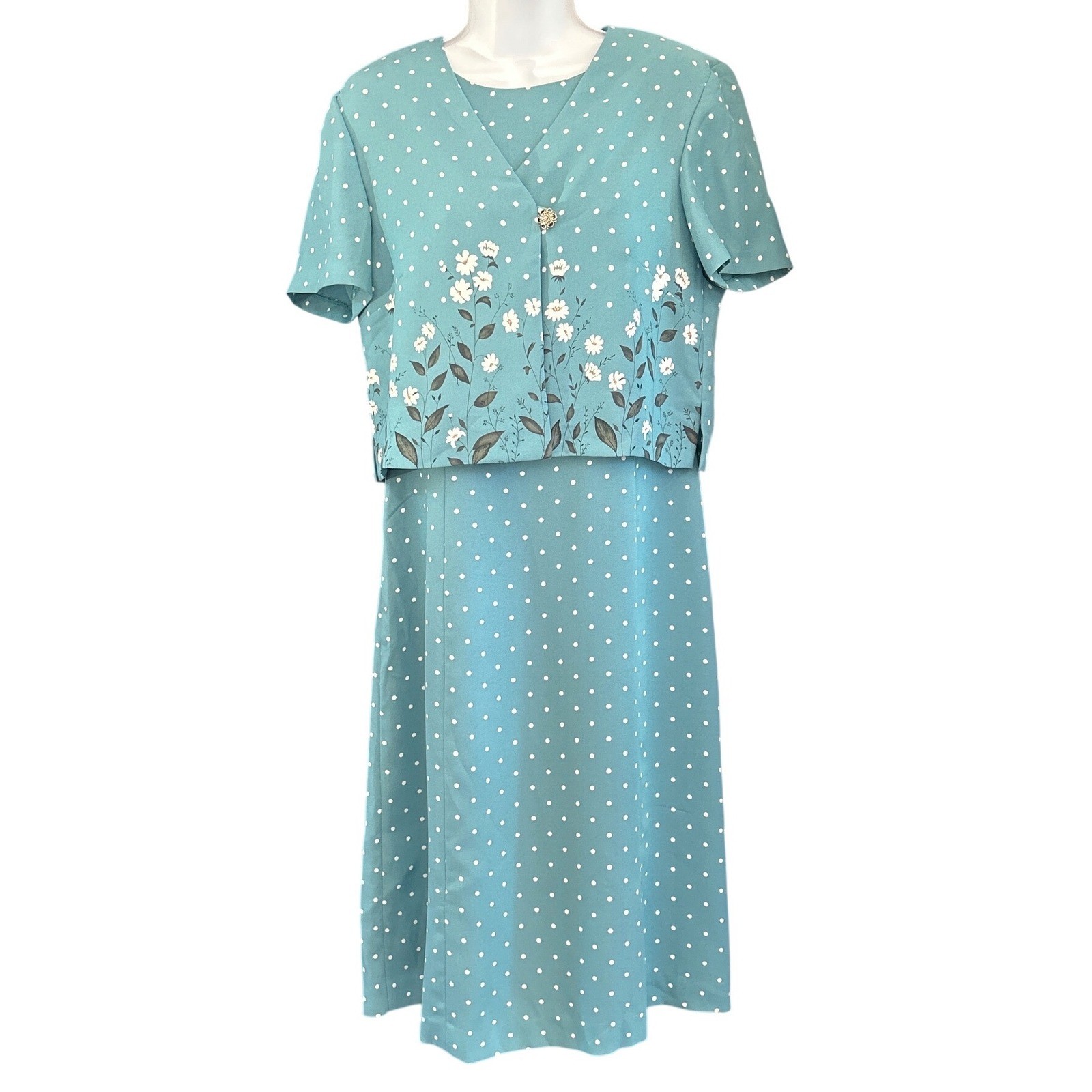 90s Leslie Fay Two Piece Dress Set Cottagecore Retro Floral Polka Dot Teal 12
