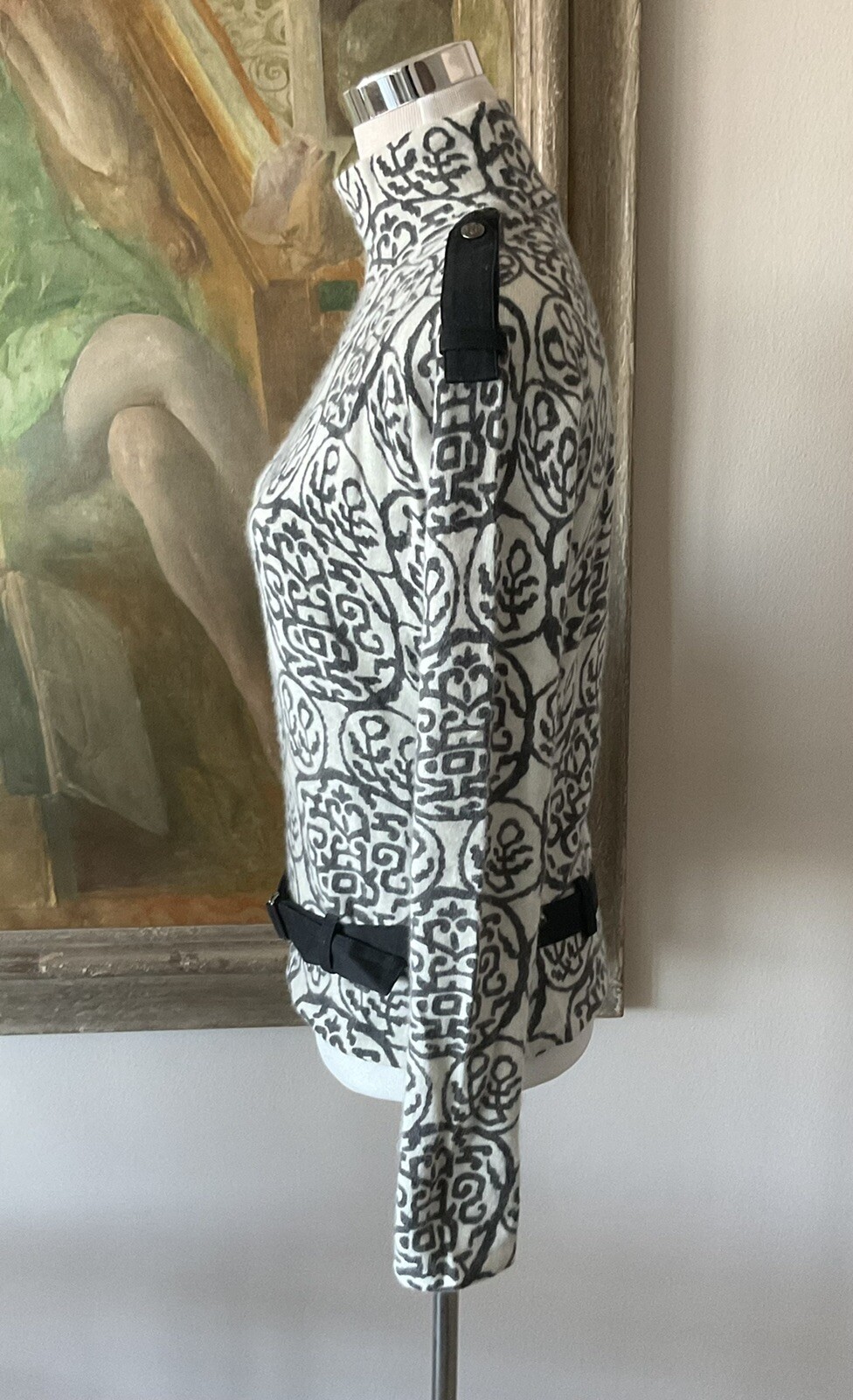 1980s JOHN GALLIANO Grey+White Turtleneck Sweater Black Epaulets+Belt Med