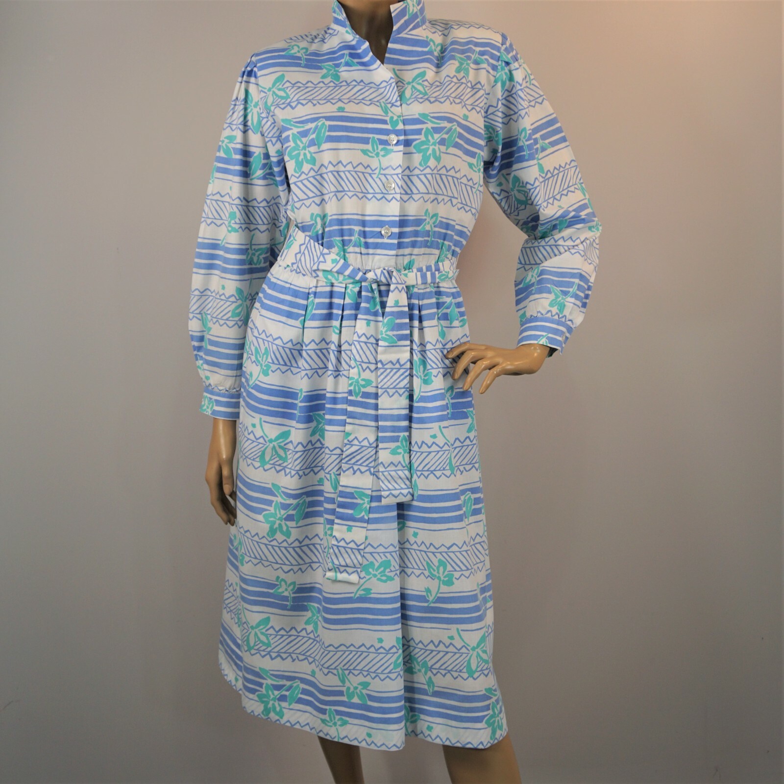 Vintage Tanner Dress 80s USA Button Front Belted Blue White Striped Womens Sz 10