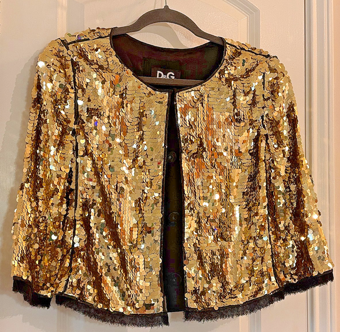 RARE 90s VTG D&G Dolce Gabbana Gold Sequin Jacket Black Trim Italy 40 COA Small