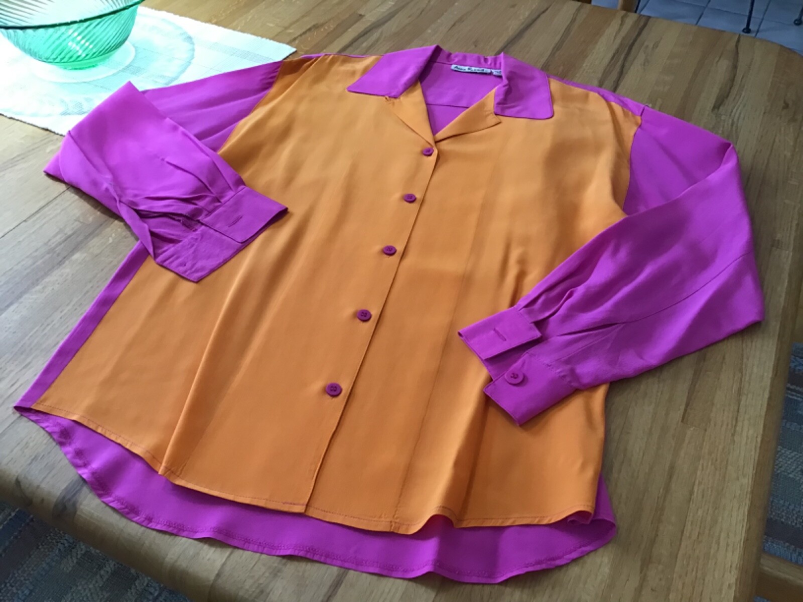 Vtg ANNE KLEIN II Silk Blouse Size 6 Skirt Size – 8 Hot Pink Orange Color Block