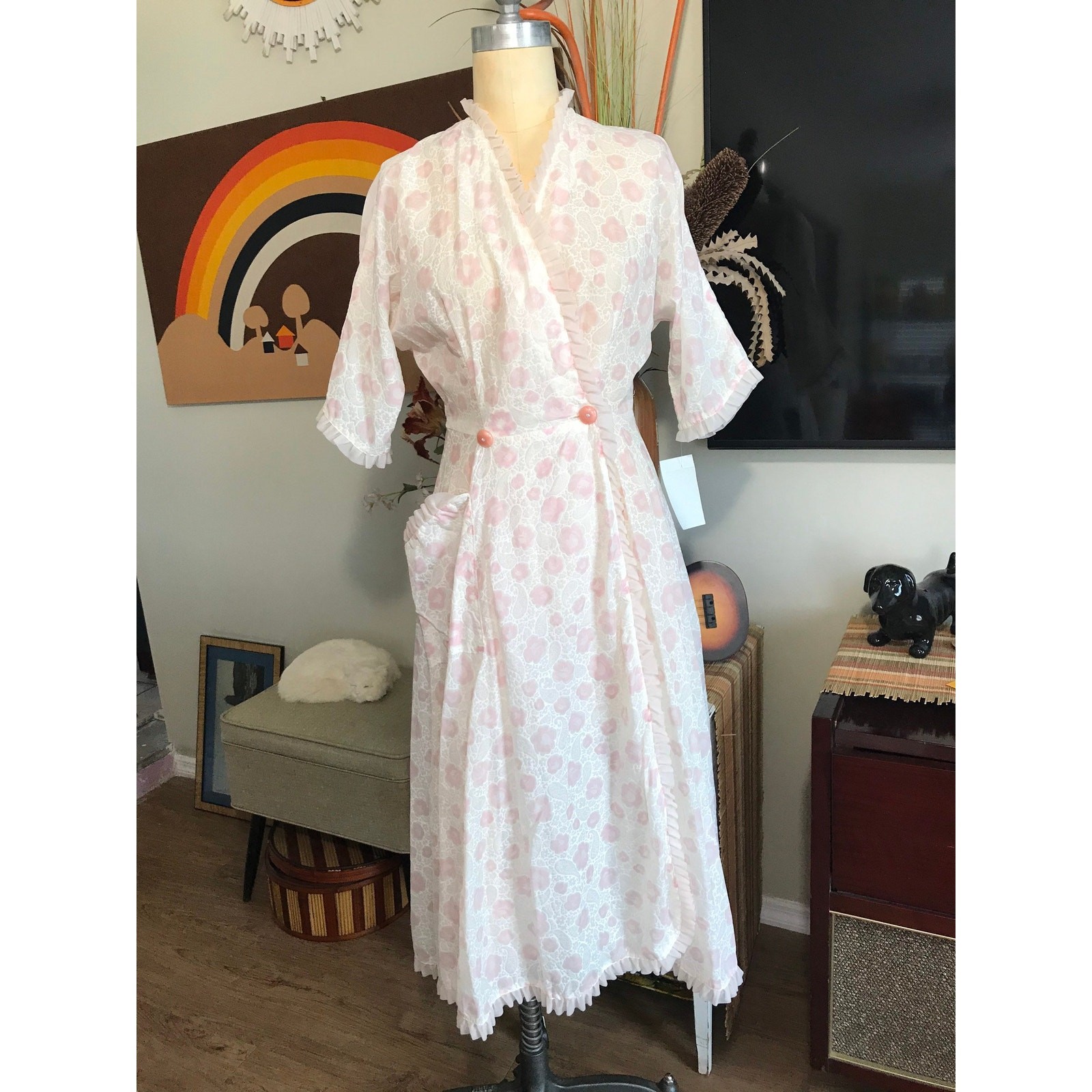 Jane Joyce 1940s Robe Sheer White Paisley Pink Floral Ruffled Dressing Gown