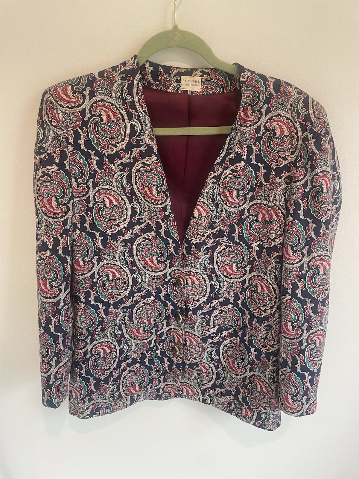 Vintage J.G. Hook Petites Paisley Blazer 3 Button Sz 8 Linen Cotton Blue Purple
