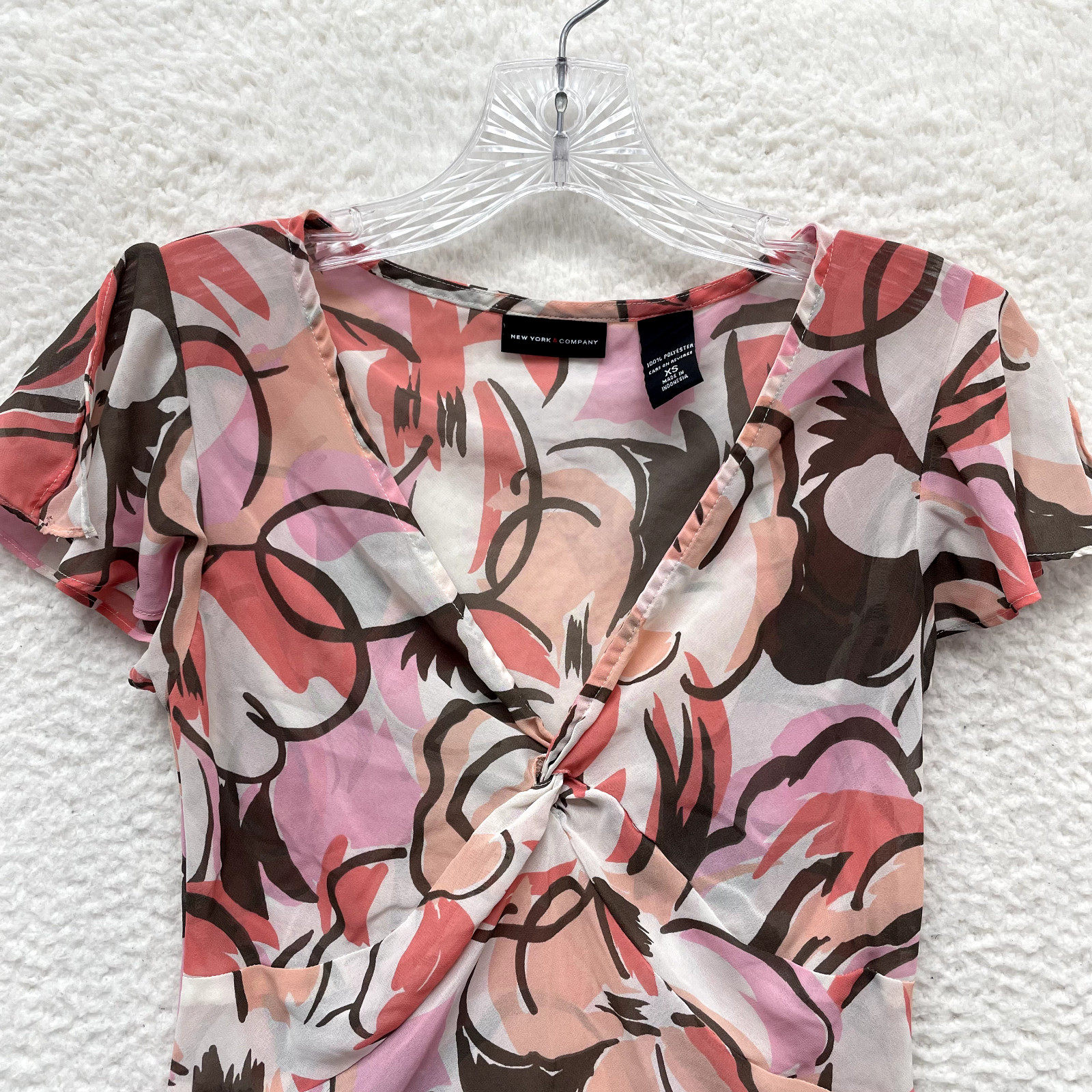 Y2K Vintage Mesh Top XS Pink Abstract Floral Pattern Corpcore Office Chiffon