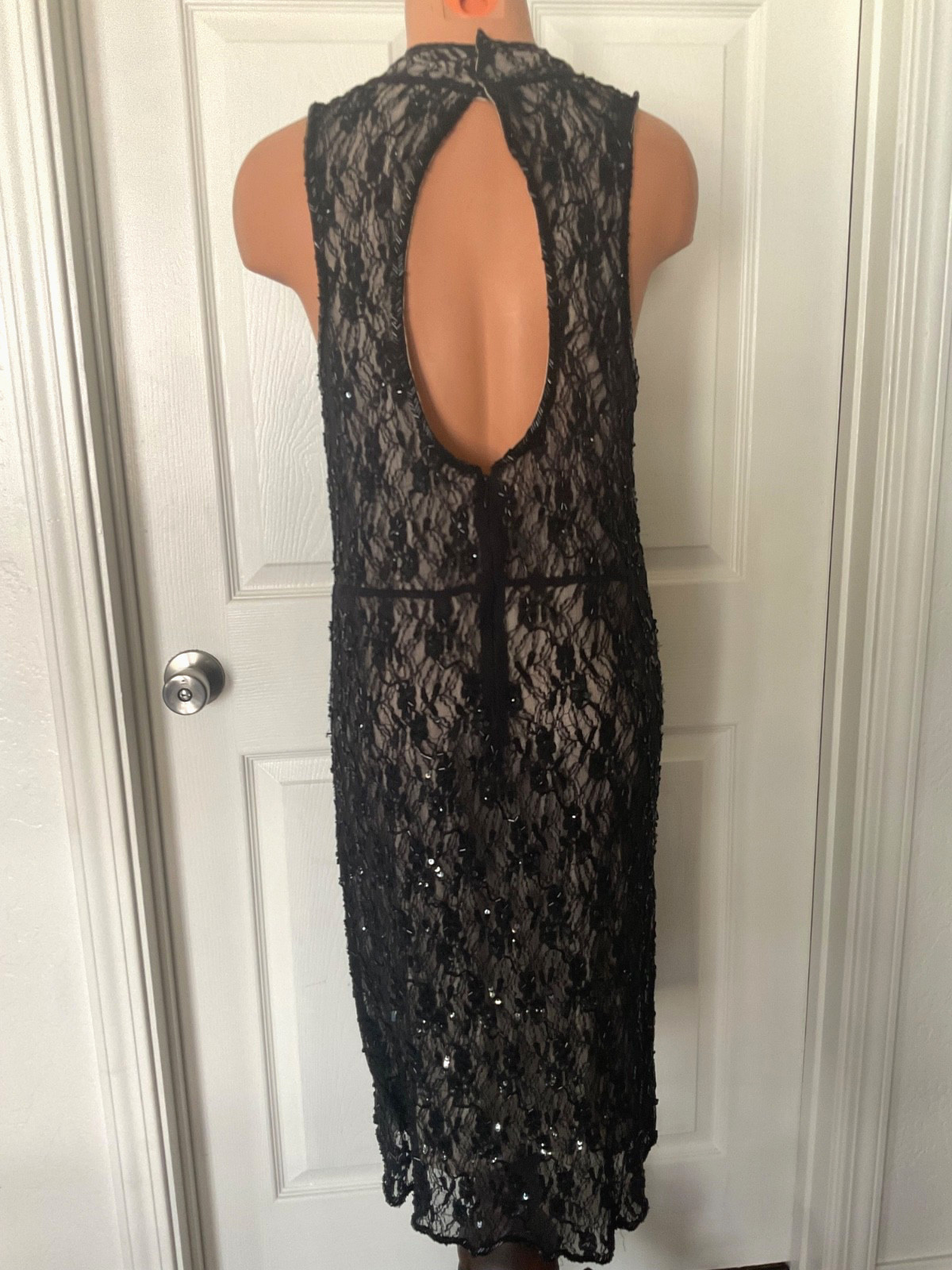 Vtg Nude Illusion Black Sequin Beaded Art Deco Dress Size Large