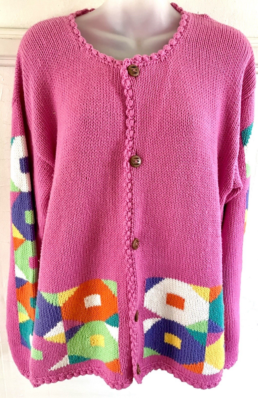 Vtg 90s REY WEAR Bolivian Hand Knit Bold Geo Candy 🍭 Pink Cardigan Sweater-M/L