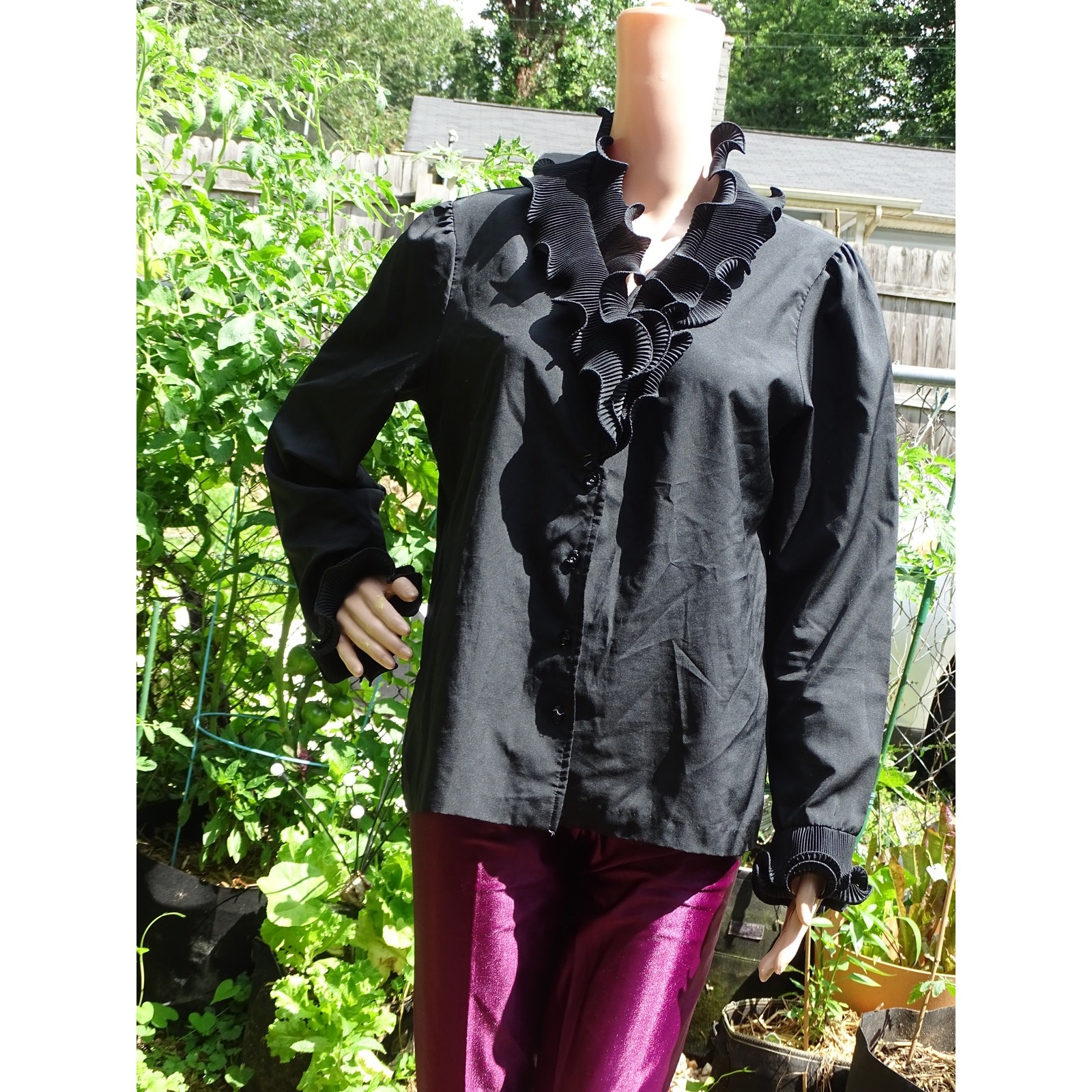 Rhoda Lee Vintage Black Ruffle Blouse Long Sleeve Button Up Gothic Victorian L