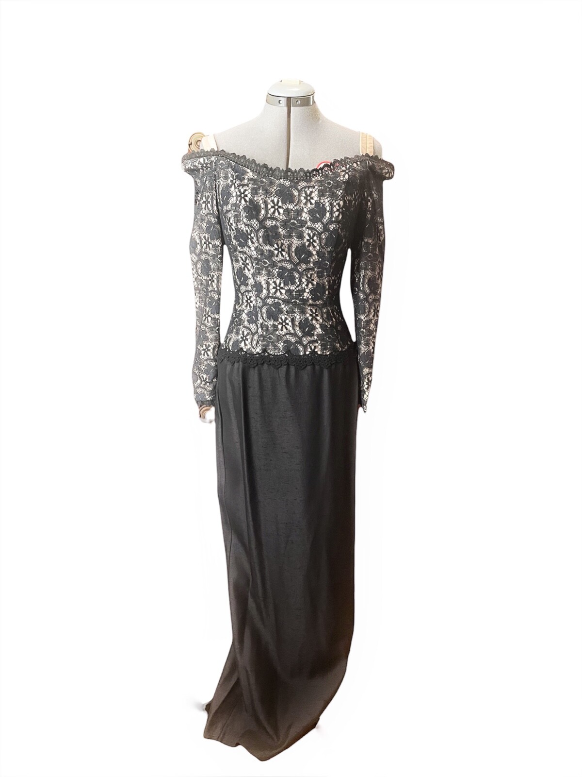 1970s 80s House of Bianchi Black and Tan Nude Illusion Gown