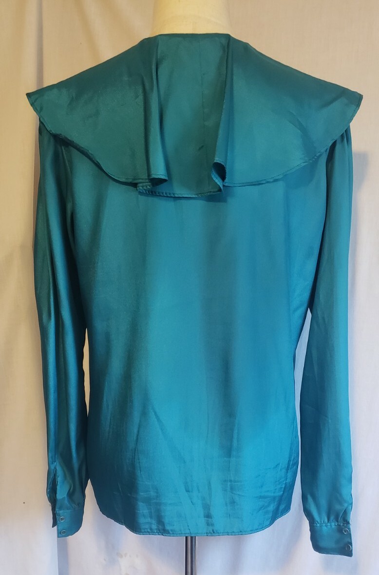 STUART LANG Blouse Women 11/12 Blue Flutter Collar Puff Sleeve Sweet VTG 80s