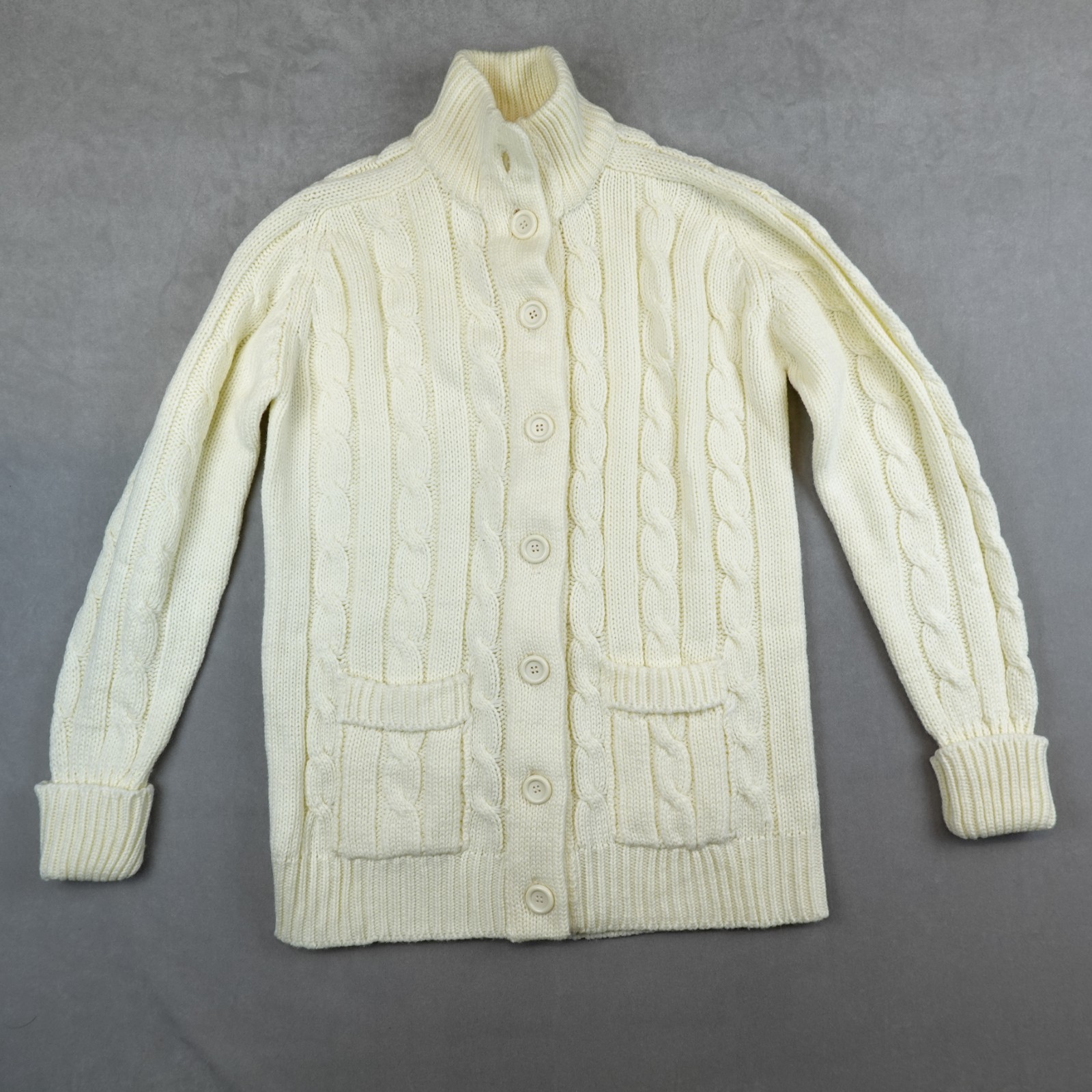 VTG 80s Sears Sweater Cream Ivory Cable Knit Boho Fisherman Cardigan Women Large