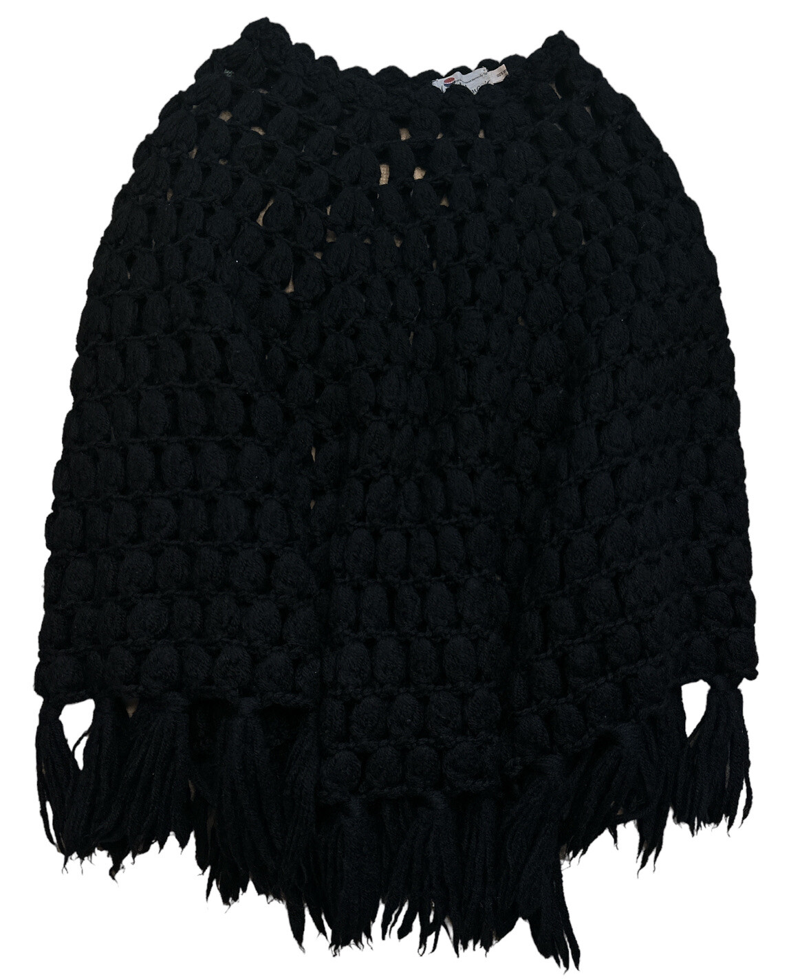 Vtg 60s Winkelman’s 100% Wool Thick Crochet Shawl Poncho Fringe Afghan Black