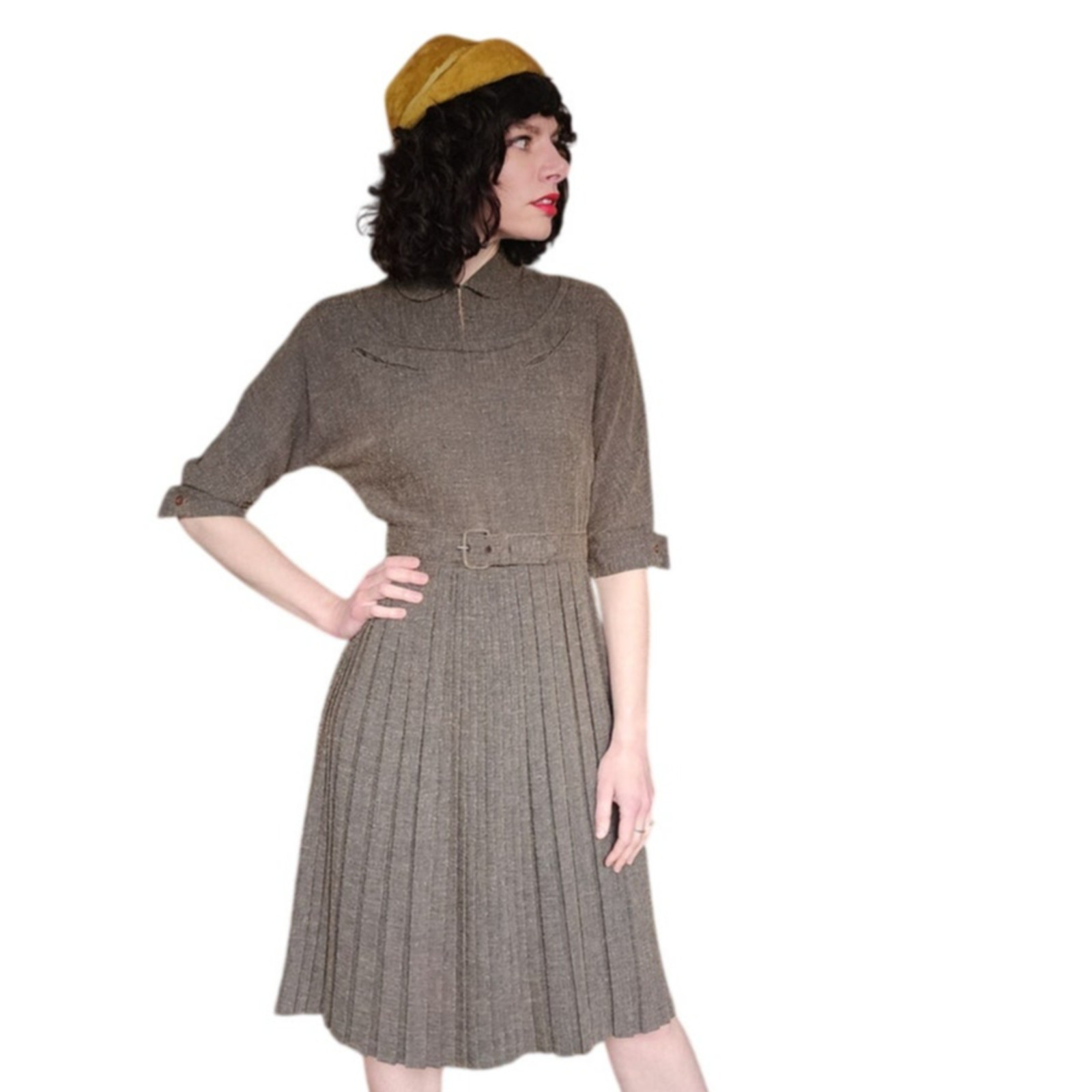 Vintage 40s Day Dress Textured Belted Brown Olive Green Kabro of Houston