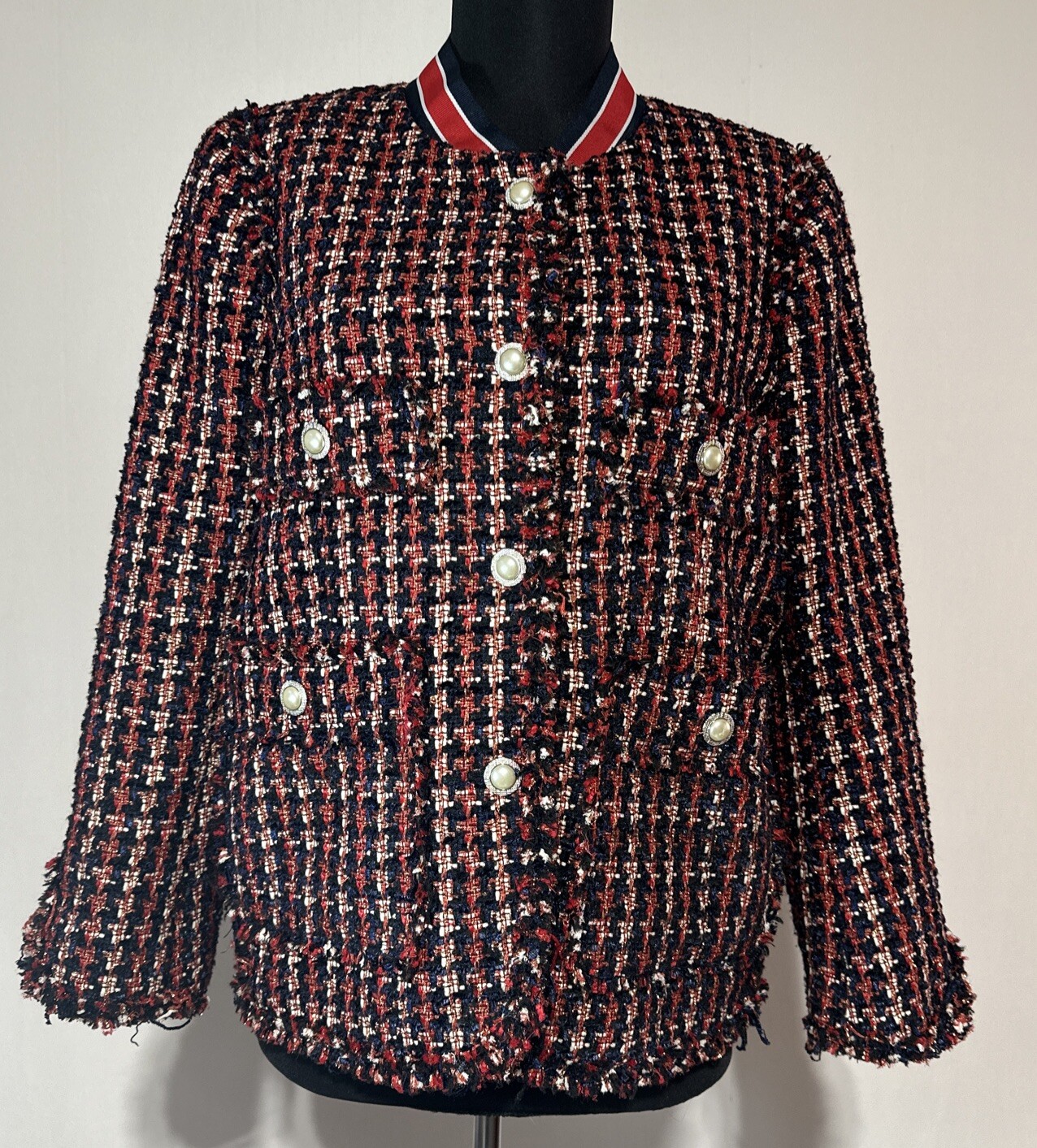 ZARA WOMAN TWEED JACKET BLAZER WITH STRIPED DETAIL Sz Medium M Red Blue White