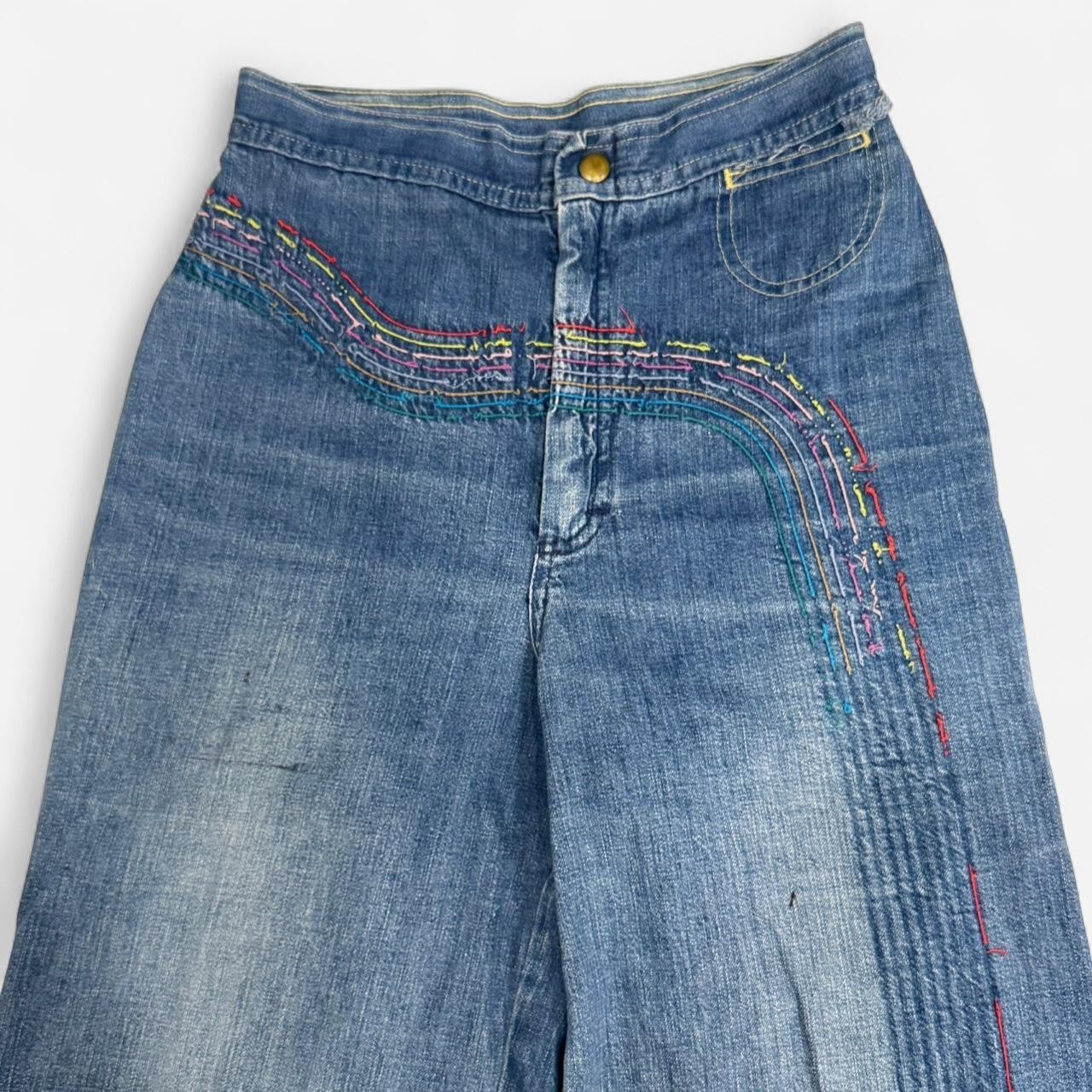 VTG 70s Rainbow Wave Bell Bottoms High Waisted Flare Leg Jeans Scovill Zip 26×31