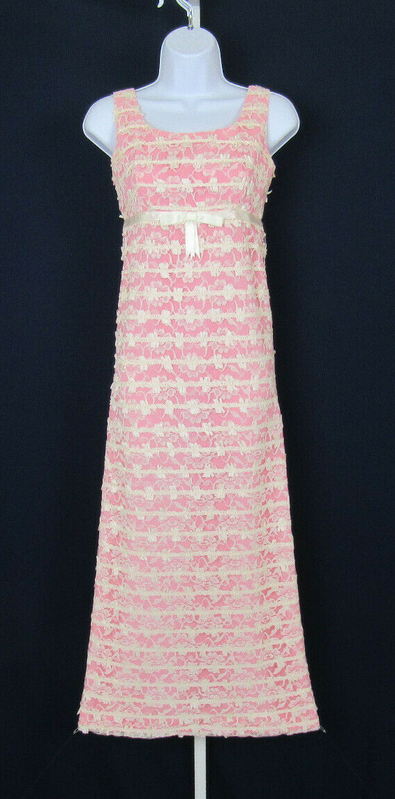 VTG 1950s REICH ORIGINALS MAXI DRESS PINK WHITE LACE MESH BOWS SLEEVELESS
