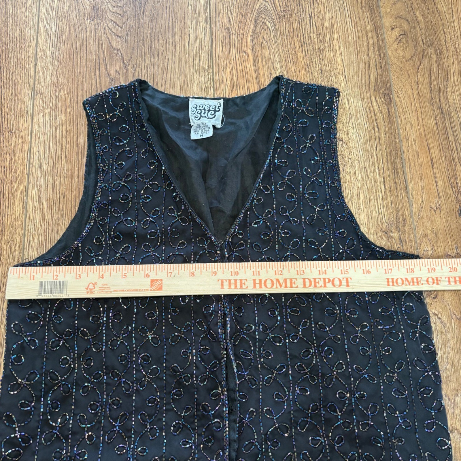 VTG 90s Sweet Sue Beaded 100% Silk Vest Black Iridescent Womens M Whimsigoth