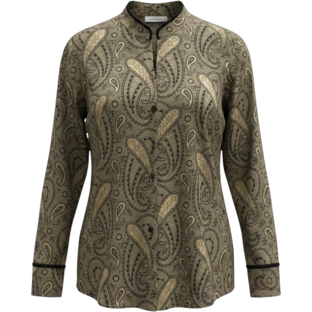 VTG Paisley Olive Green Button Front Shirt Jacket XL Black Trim Boho Gallerycore