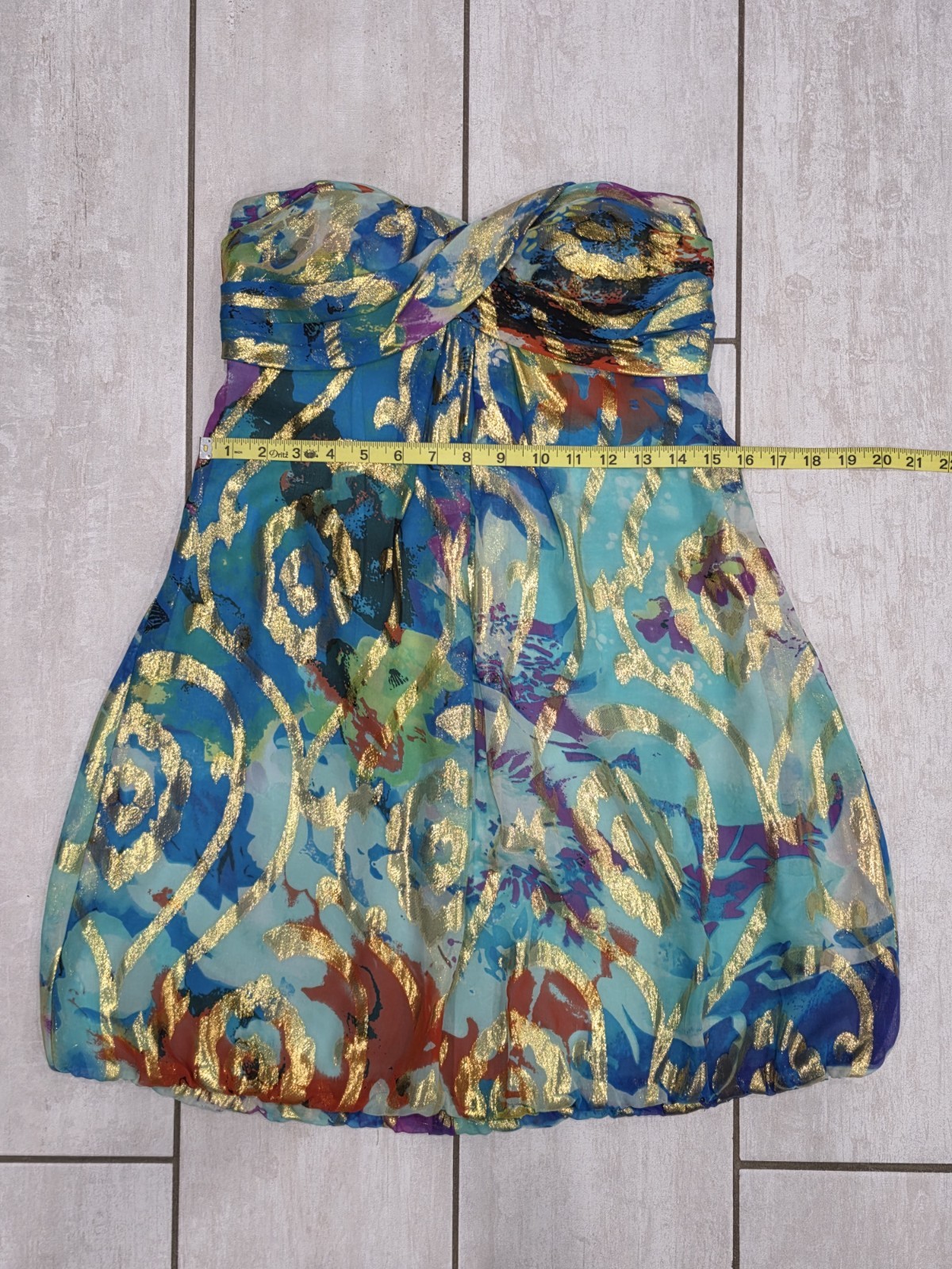 XSCAPE Y2K Vintage Silk Blend Strapless Bubble Hem Dress Metallic Gold Abstract