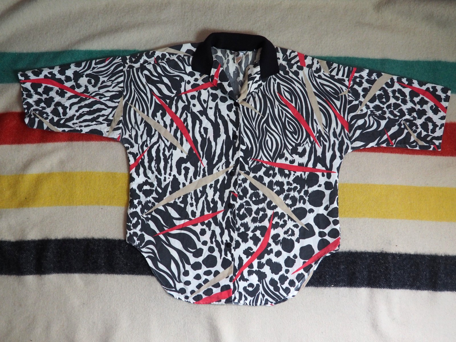VTG 80s Style Ups California Zebra Animal Print New Wave Button Shirt Womens L