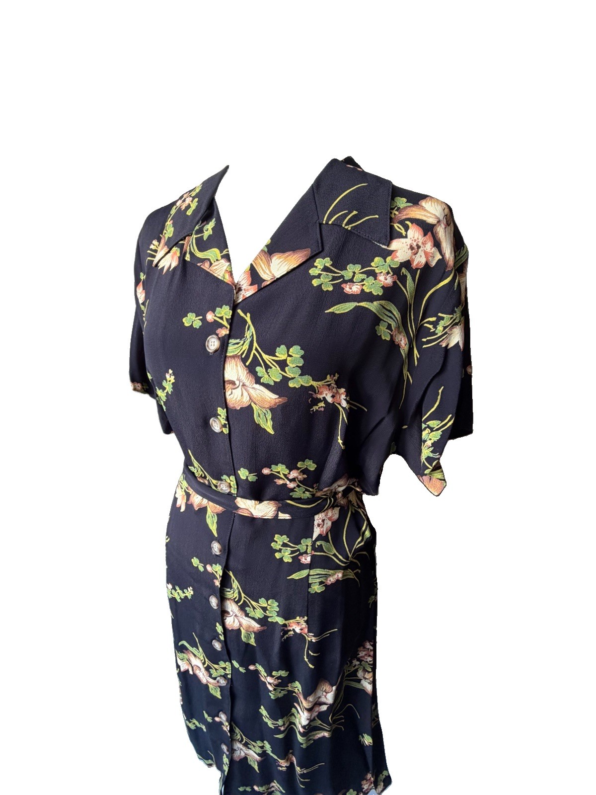 NWT Vintage 90s Karen Kane Rayon Rose Dark Floral Shirt Dress 16 Fits L 12 14