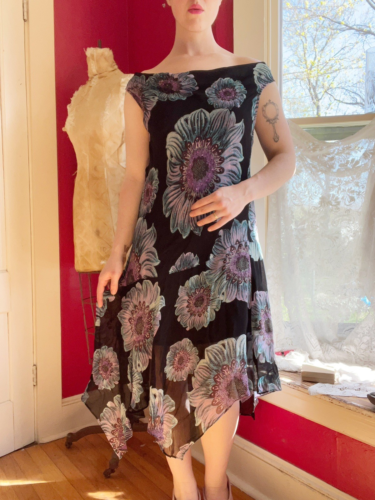 Vintage 1990s Black Chiffon Blue Purple Floral Print Grunge Cowl Neck Dress L