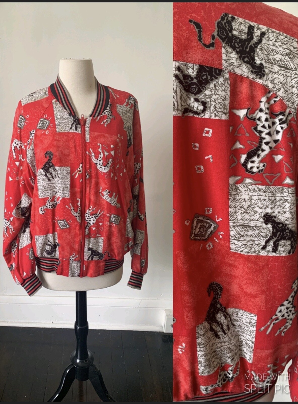 Vintage Giraffe Print Red Bomber Jacket 1990’s 90’s Animal Safari Bomber Jacket