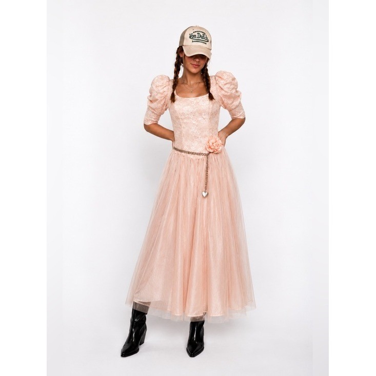 Vintage Alfred Angelo Blush Pink Lace Tulle Puff Sleeve Formal Dress USA ILGWU