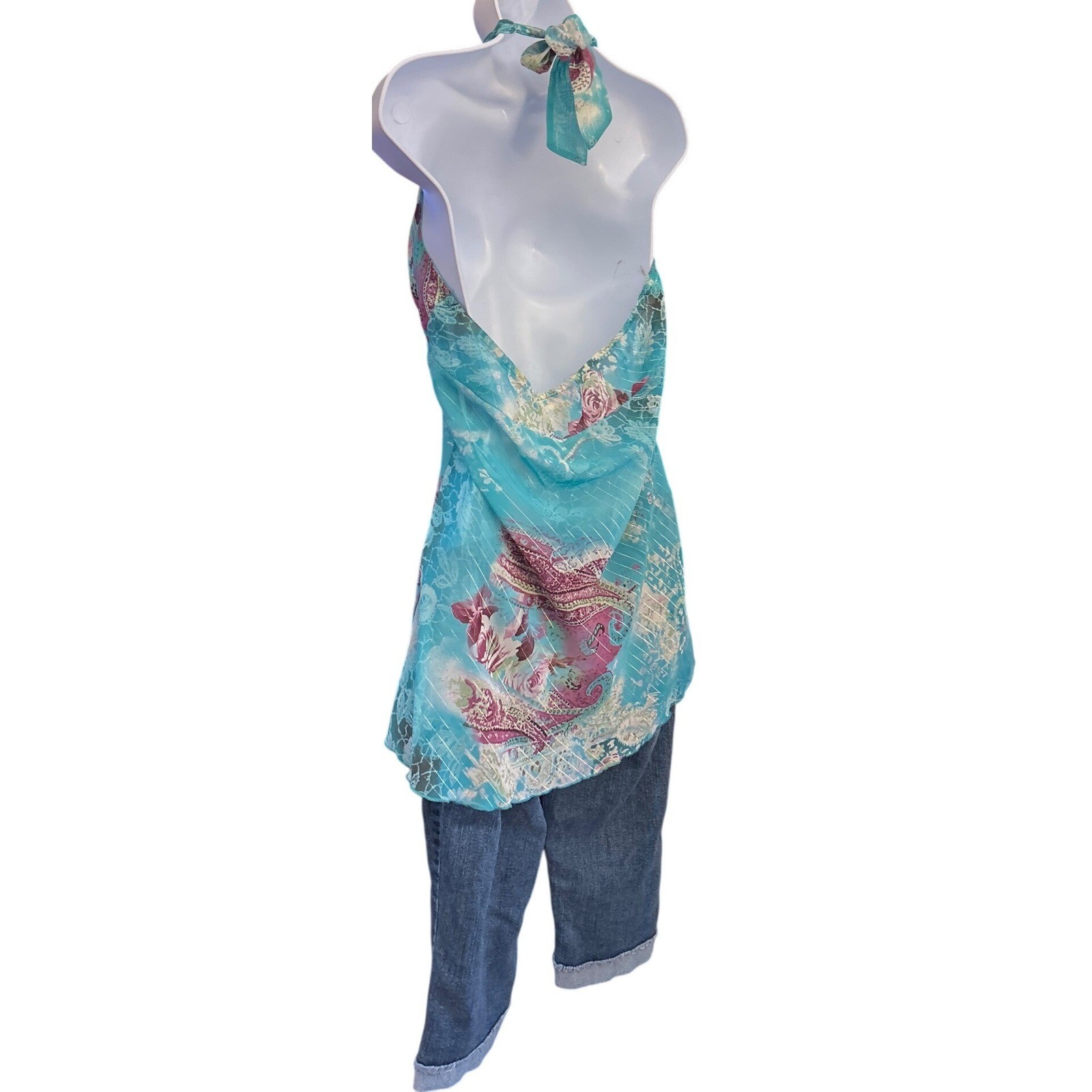 Vintage Byer California Halter Top Y2K Boho Fairycore Paisley Teal Gold Shimmer