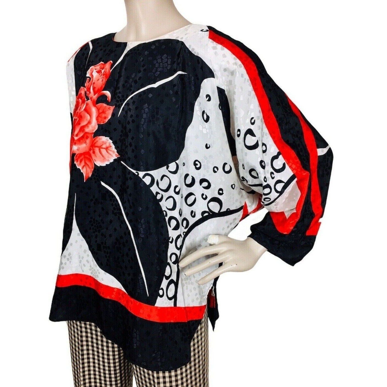 Vintage Siasia Artsy Bold Colorful Floral Brocade Batwing Sleeve Blouse Large