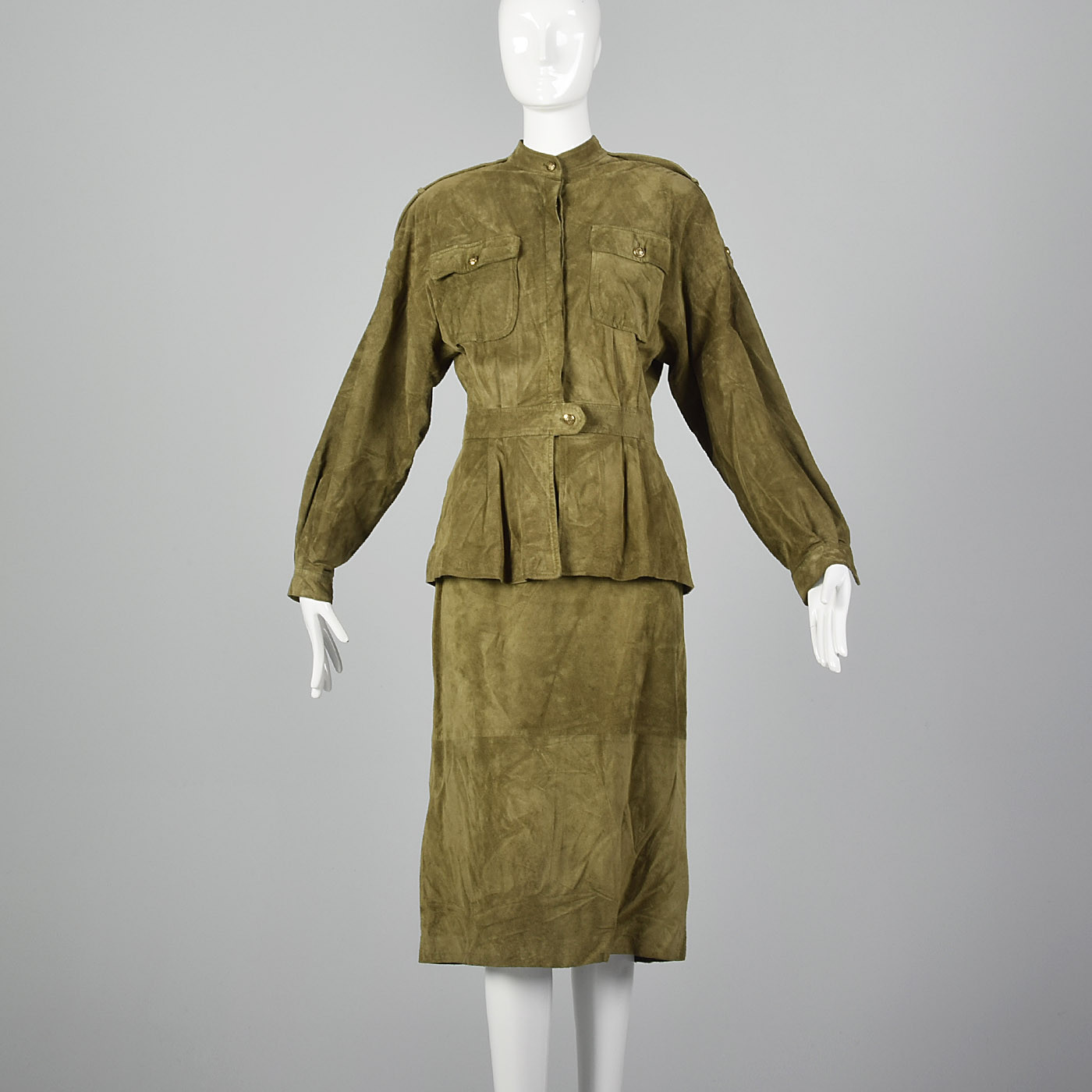 Medium 1980s Safari Style Skirt Suit Long Sleeve Jacket Pockets VTG Green Suede