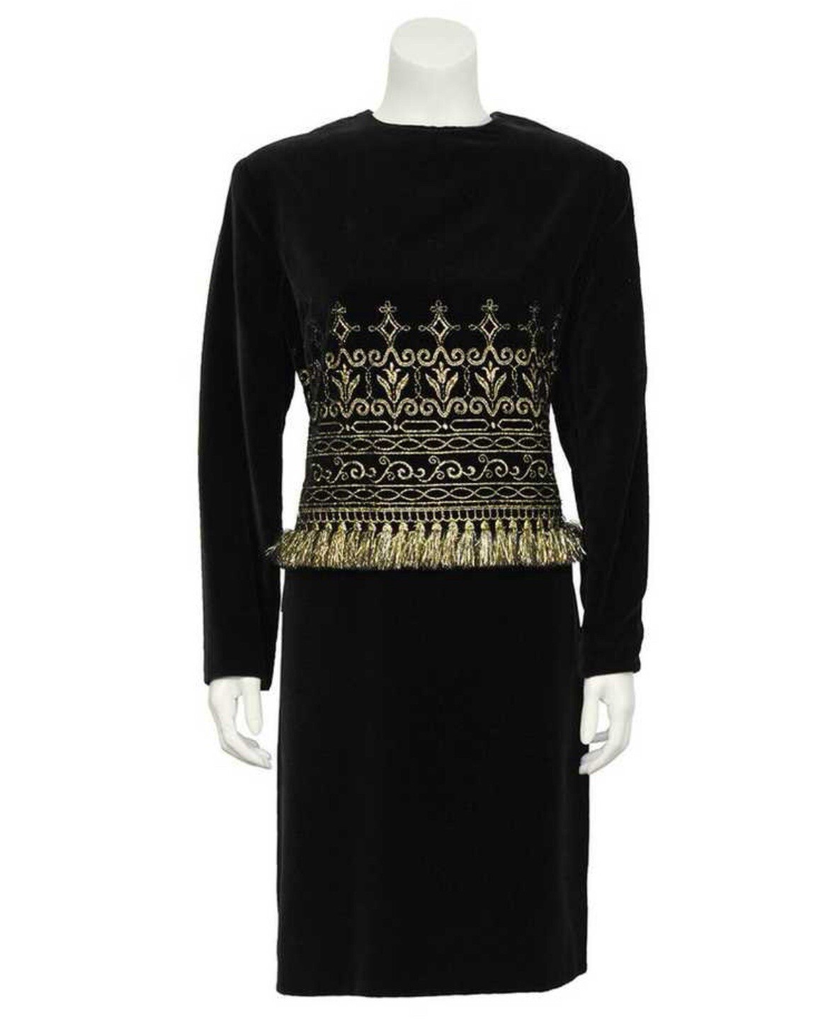RARE VTG Designer Zandra Rhodes Black Velvet Cocktail Dress Gold Metallic XS S