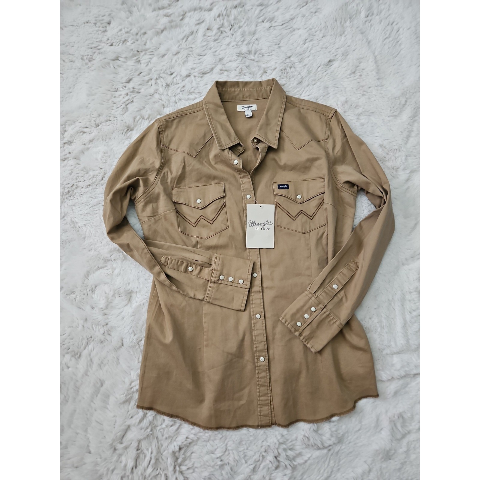 Wrangler Retro NWT Western Pearl Snap Shirt L Tan Khaki Cowgirl Ranch