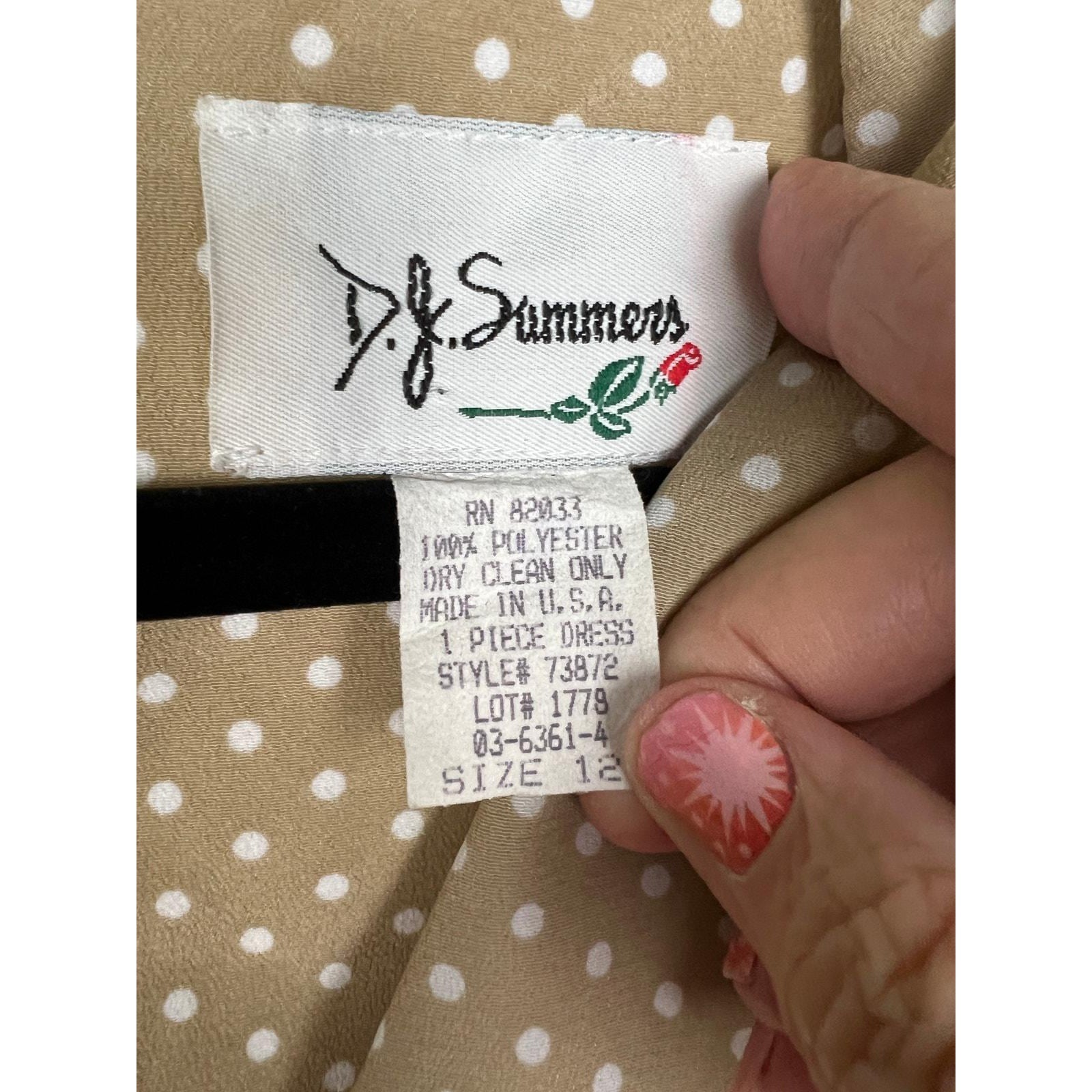 D.J. Summers Polka Dot Midi Dress Vintage Retro Minimalist Boho Tan Polyester 12