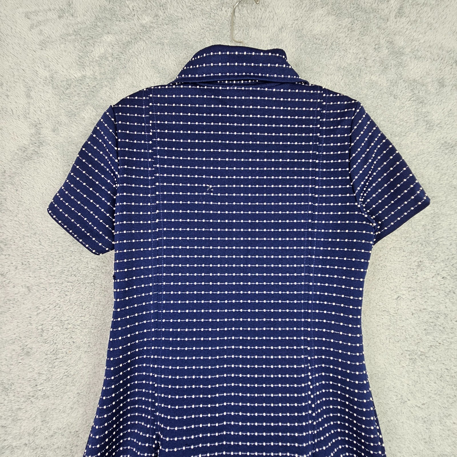 VTG 70s Womens Swing Dress S Blue Collared Zip Up Short Sleeve Inverted Pleats