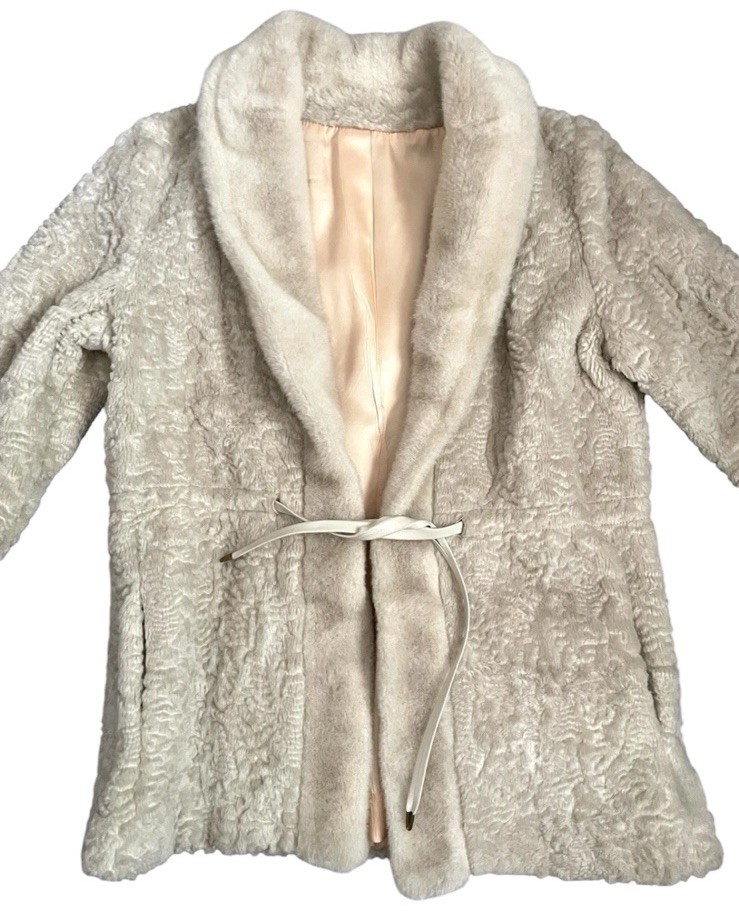 Vtg 60s 70s Faux Fur Mink Lamb Shawl Collar Coat Jacket Cream Union Made ILGWU