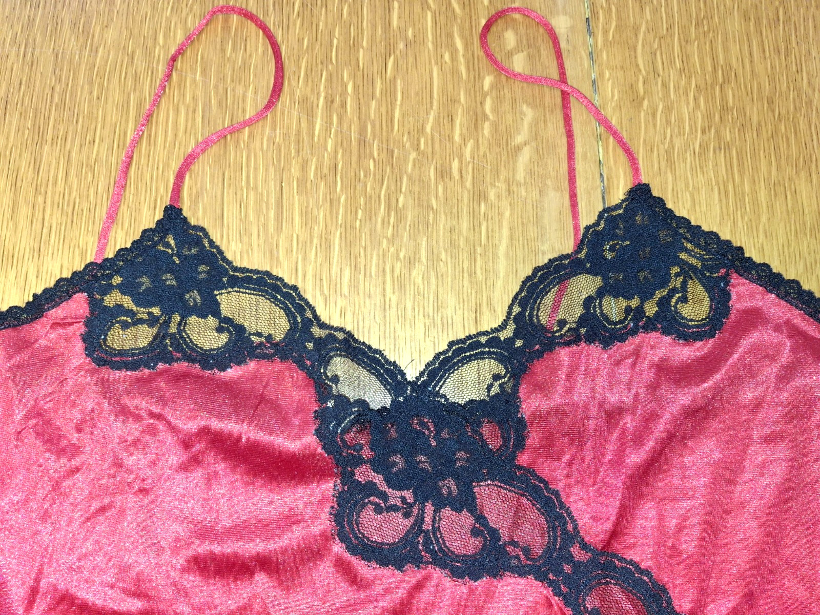 Vintage Red Nylon Black Lace Cami Lingerie Slip Top Spaghetti Straps Slit Side