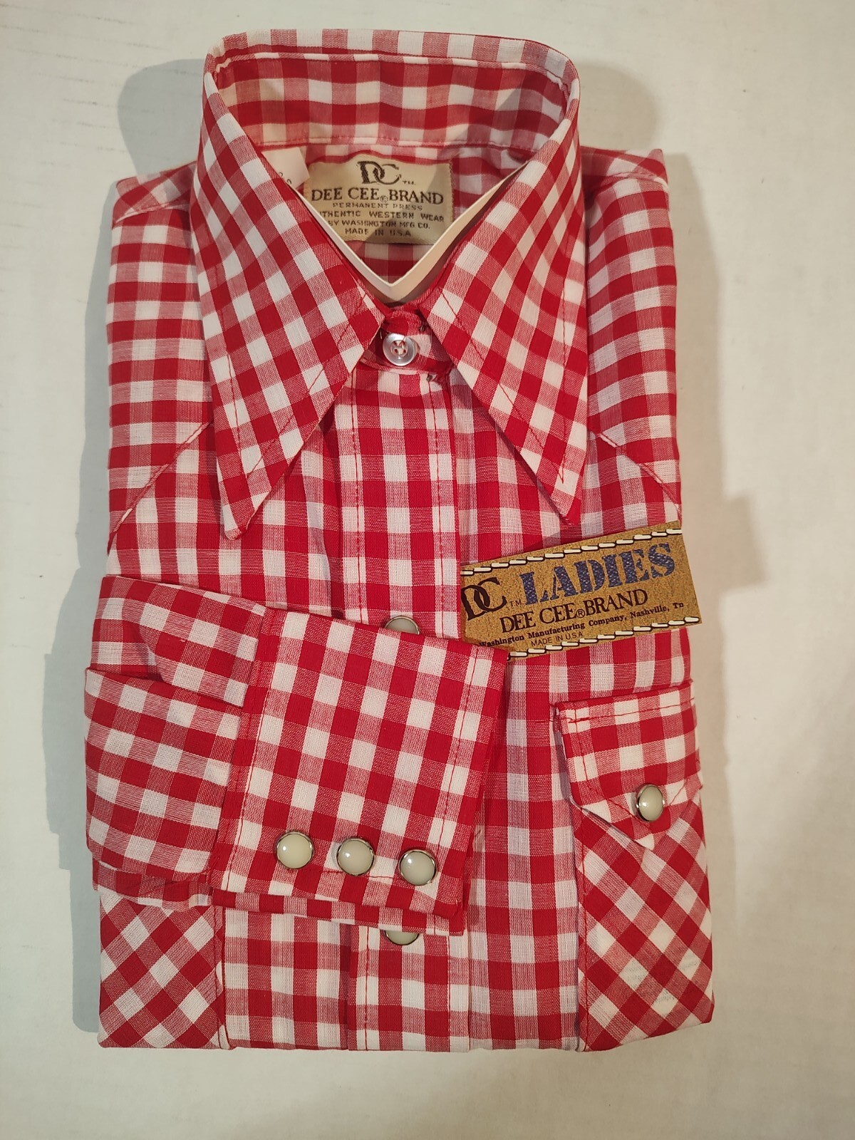 Vtg Women’s 32 9/10 Dee Cee Red White Checker Rodeo Western Cowboy Pearl Snap