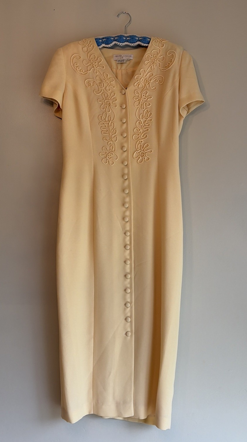 Y2K 90’s Maggy London Dress Pale Yellow Modest Embroidered Midi Tie Back Size 10