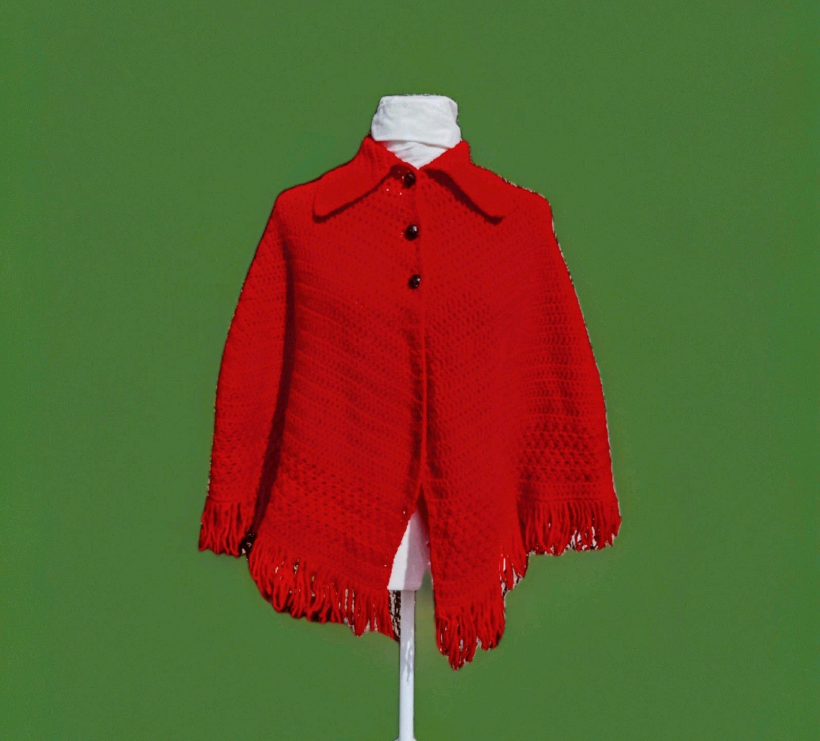 Vintage 70s Red Knit Collared Button Poncho Cape Fringe