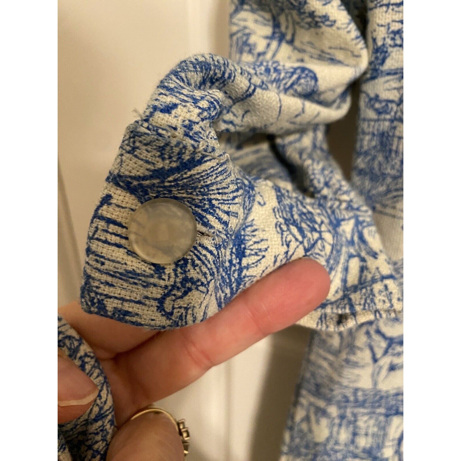 Vtg 70s Romantic Toile Print Shift Dress White Blue Fabric Repair Craft
