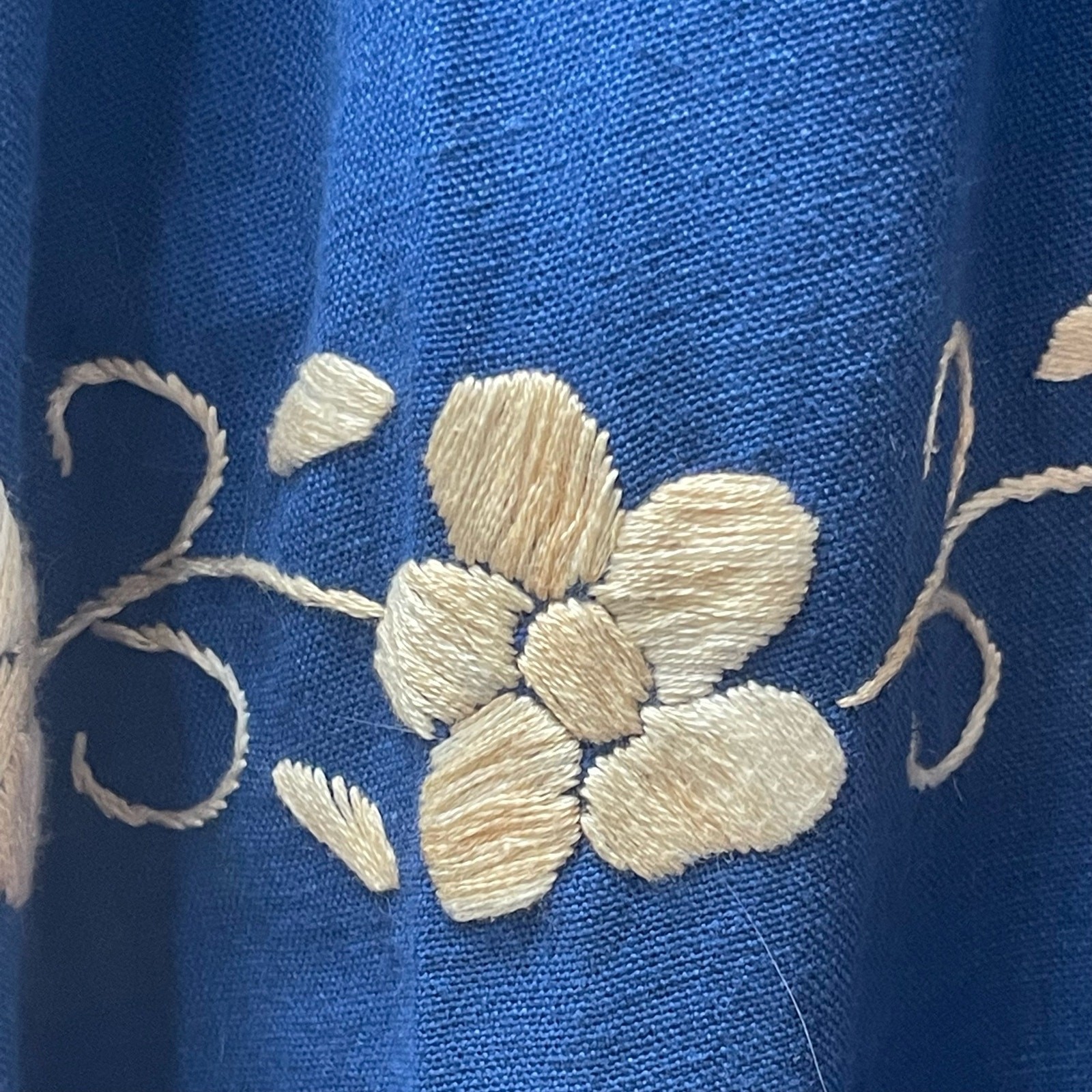 Blue Linen Embroidered Peasant Maxi Dress Sweeping Skirt Small Vintage 1960’s