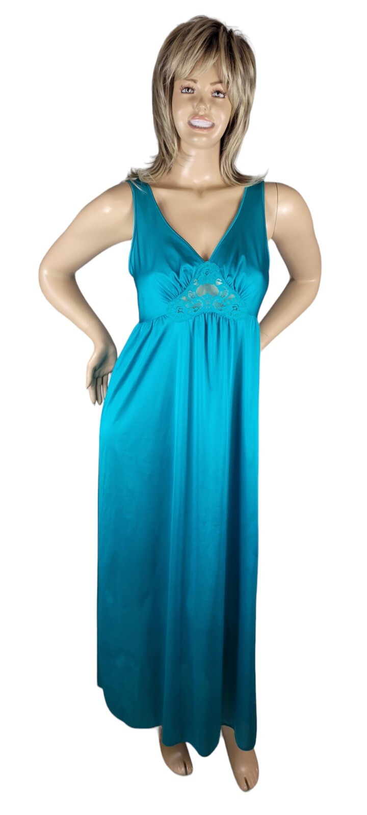 Vintage Lorraine Turquoise Blue Antron III Nylon Satin & Sheer Lace Nightgown M
