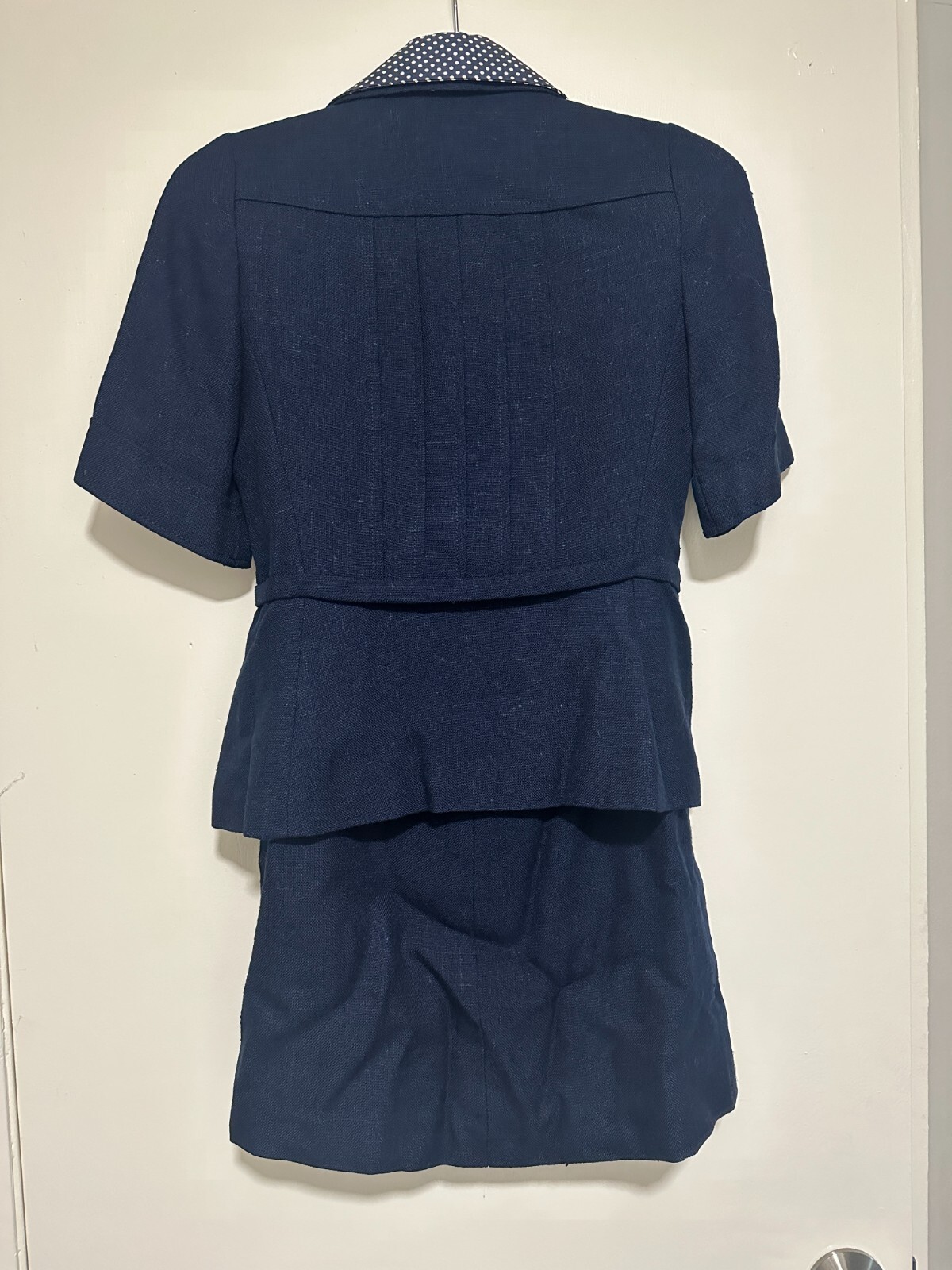 Vintage French Suit Skirt Blue Linen Button Front Belted Pleat Midi Dior Look XS