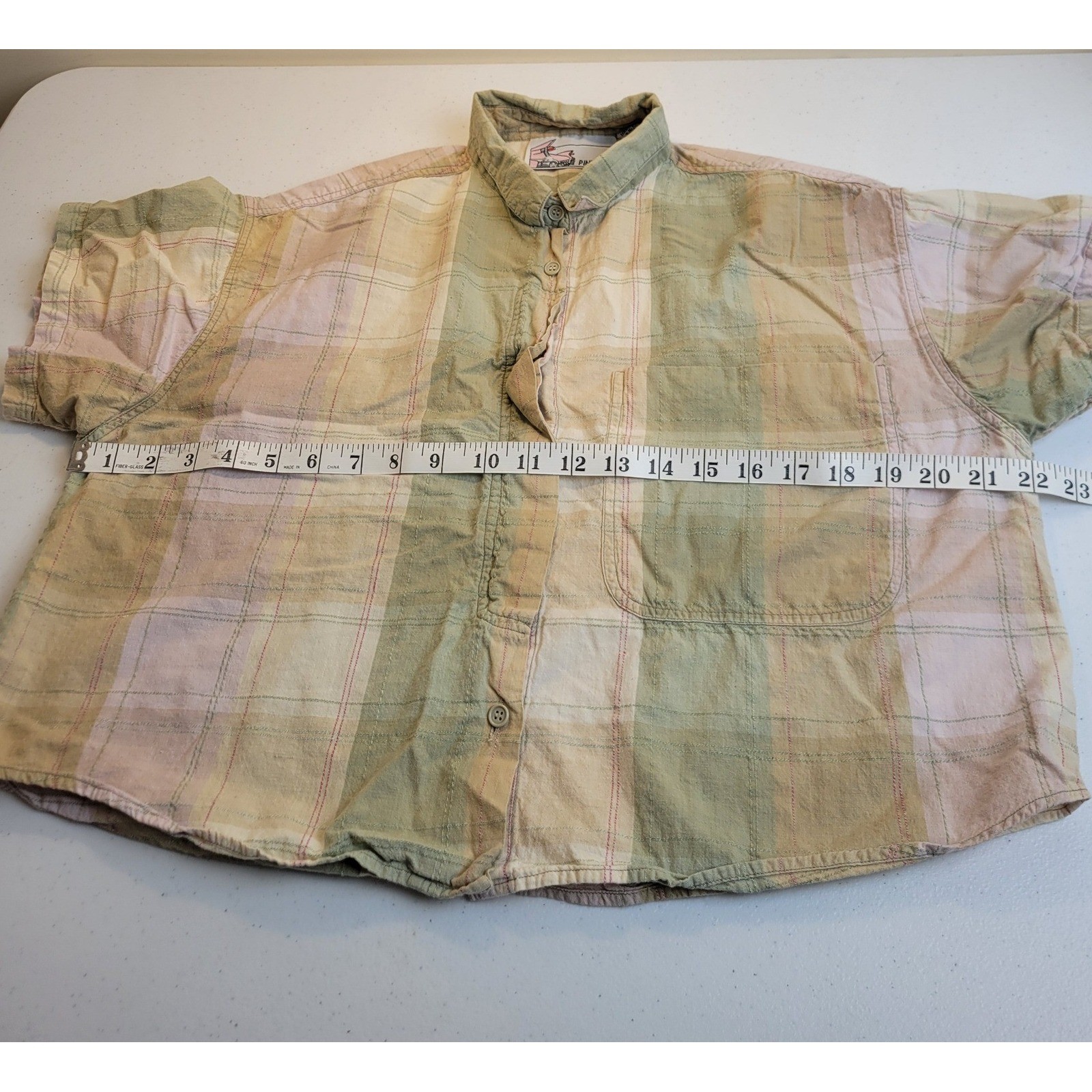 Pink 59 Plaid Button Down Cropped Shirt Short Sleeve Grunge Green Women Large