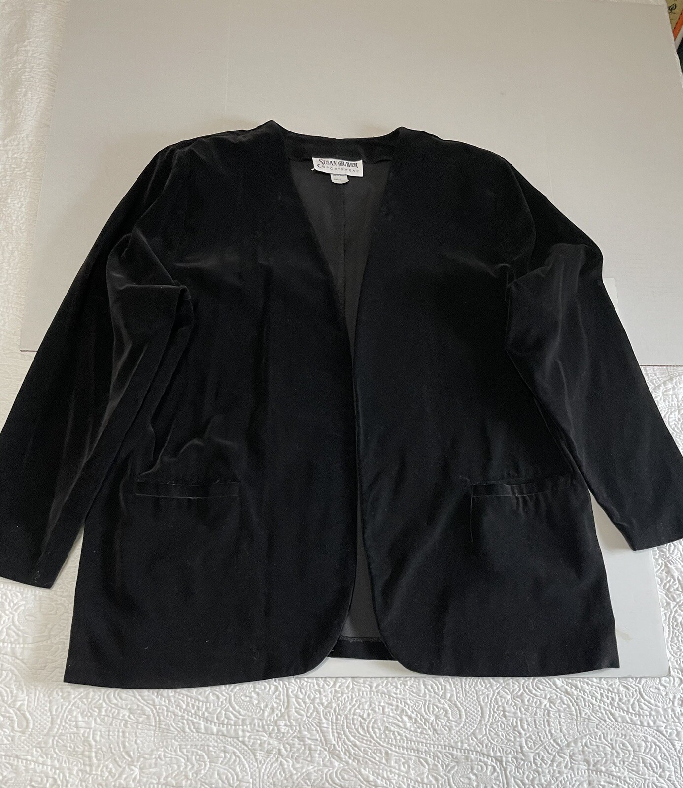 Vtg. Women’s Evening Jacket Wrap Black Velveteen Blazer Measurements Below